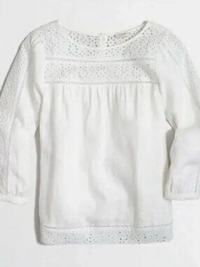 J.Crew White Linen Peasant Blouse Eyelet Long Sleeve Boho Shirt Women's Size 10